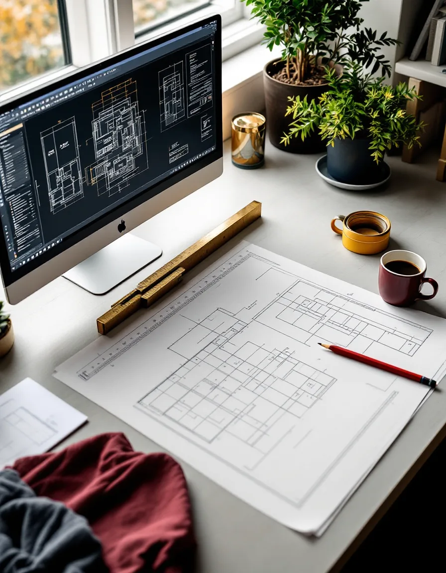 A drafting desk with two monitors showing a CAD floor plan, a brass scale, pencil and tape measure
