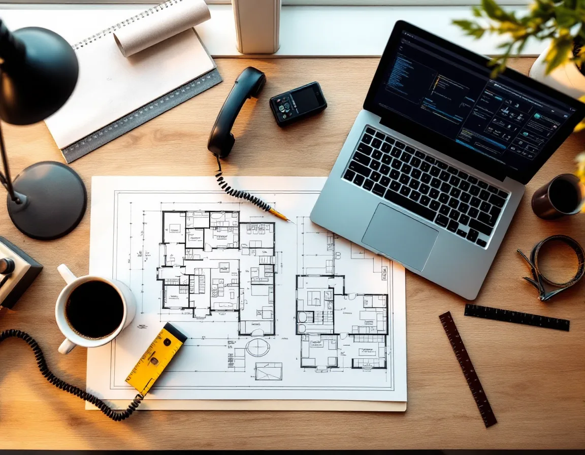 Drafting desk with a desk phone, laptop showing a floor plan, carpenter's pencil and tape measure